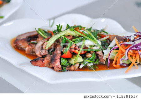 grilled pork salad, spicy pork salad or stir fried pork with vegetable grilled pork salad, spicy pork salad or stir fried pork with vegetable 118291617