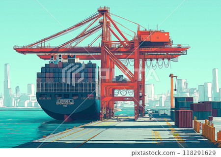停泊在貨櫃碼頭的大型貨船 118291629