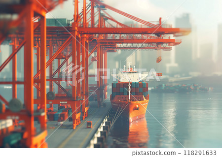 停泊在貨櫃碼頭的大型貨船 停泊在貨櫃碼頭的大型貨船 118291633