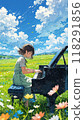 A young girl plays piano in a vibrant field surrounded by flowers under a bright blue sky during a sunny afternoon 118291856