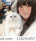A young girl embraces a fluffy white cat indoors, capturing a heartwarming moment of companionship and joy in soft lighting 118291857