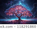 A mystical tree with glowing blossoms stands in a serene landscape under a cosmic sky filled with stars and planets at night 118291860