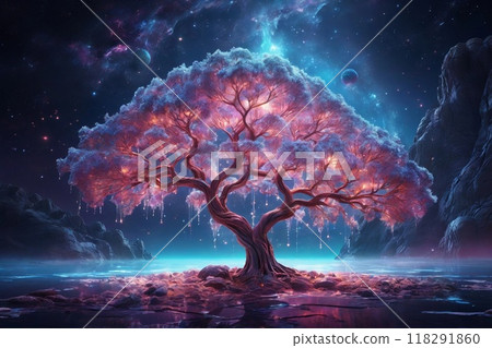 A mystical tree with glowing blossoms stands in a serene landscape under a cosmic sky filled with stars and planets at night 118291860