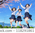 Three high school girls jump for joy, enjoying spring near the cherry blossoms 118291861