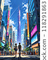 A young couple strolls through a vibrant cityscape featuring a tall tower and lively streets. 118291863
