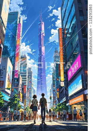 A young couple strolls through a vibrant cityscape featuring a tall tower and lively streets. 118291863