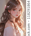 Anime girl with long wavy hair, floral hairpiece, and a soft look. 118291864