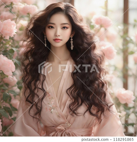 An elegant woman surrounded by beautiful blossoms and vibrant floral arrangements 118291865