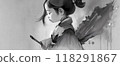 A beautifully Sumie ink painting that depicts a young girl wearing traditional clothing with delicate facial features 118291867