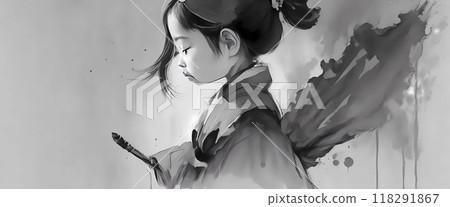 A beautifully Sumie ink painting that depicts a young girl wearing traditional clothing with delicate facial features 118291867