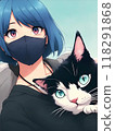 A stylish anime character in a fashionable outfit, wearing a mask, holding an adorable black and white cat 118291868