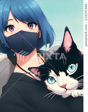 A stylish anime character in a fashionable outfit, wearing a mask, holding an adorable black and white cat 118291868