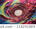 A vibrant swirl of colors forms a mesmerizing cosmic vortex with celestial orbs in a creative artistic representation of deep space 118291869