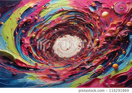 A vibrant swirl of colors forms a mesmerizing cosmic vortex with celestial orbs in a creative artistic representation of deep space 118291869