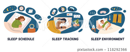 Vector illustration set of three sleep habits, sleep schedule, pulse tracking, and bedroom environment. Flat cartoon compositions of bedtime, rest, relaxation. For health and sleep hygiene themes Vector illustration set of three sleep habits, sleep schedule, pulse tracking, and bedroom environment. Flat cartoon compositions of bedtime, rest, relaxation. For health and sleep hygiene themes 118292366