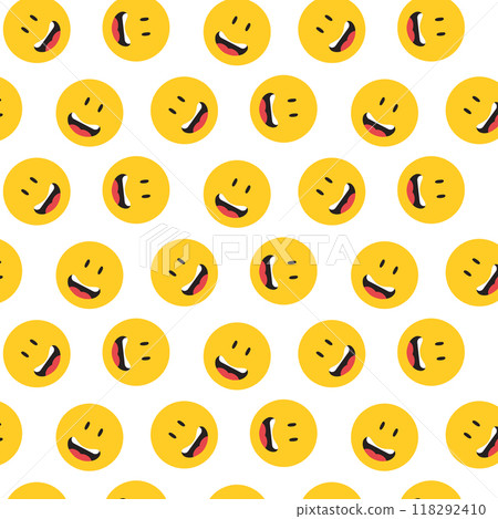 Seamless pattern with smileys. Vector pattern with emoji. Print for fabric with yellow smiling smiley faces. 118292410
