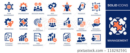 Management icon set. Collection of growth chart, teamwork, data analysis and more. Vector illustration. Easily changes to any color. Management icon set. Collection of growth chart, teamwork, data analysis and more. Vector illustration. Easily changes to any color. 118292591