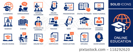 Online, education icon set. Collection of audio lesson, video tutorial, interactive learning and more. Vector illustration. Easily changes to any color. 118292620
