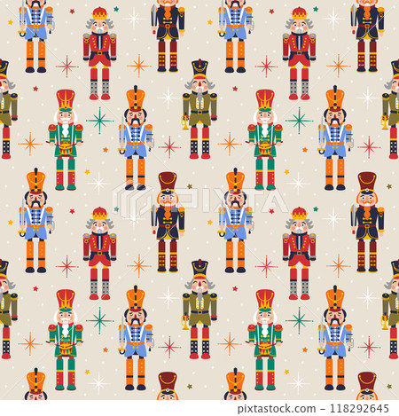 Seamless Christmas Pattern with Nutcrackers in Vector on beige. Seamless Christmas Pattern with Nutcrackers in Vector on beige. 118292645