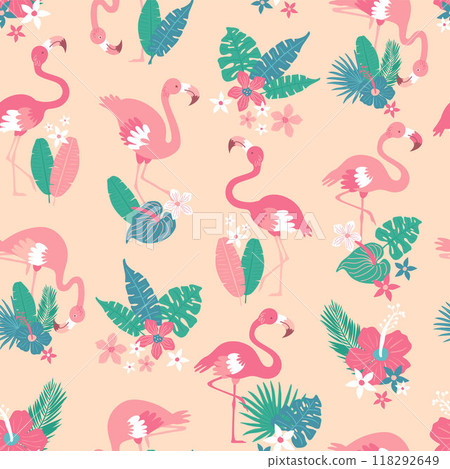 Pattern with pink flamingos and tropical leaves on pink background. Pink flamingo in flat style. Seamless pattern for textile, wrapping paper, background. 118292649
