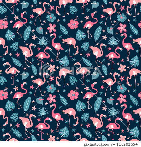 Pattern with pink flamingos and tropical leaves on blue background. Pink flamingo in flat style. Seamless pattern for textile, wrapping paper, background. 118292654