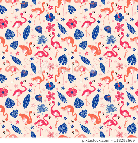 Pattern with pink flamingos and tropical leaves on pink background. Pink flamingo in flat style. Seamless pattern for textile, wrapping paper, background. 118292669