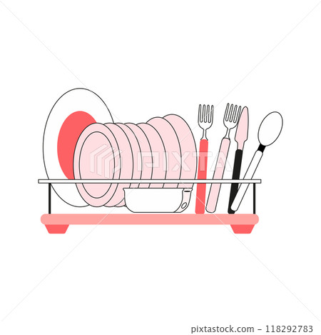 A simple vector illustration of a dish rack with plates, cups, and cutlery, perfect for kitchen or household designs... A simple vector illustration of a dish rack with plates, cups, and cutlery, perfect for kitchen or household designs... 118292783