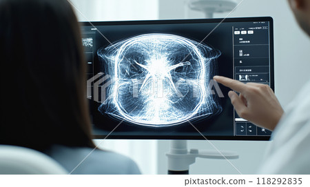 Realistic scene of male doctor using ultrasound image on patient. 118292835