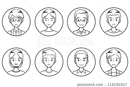 Adult men of various ages, negative facial expressions, round icon set, line drawing 118292927