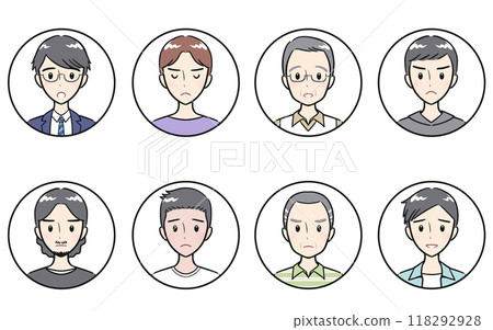 不同年齡的成年男性，負面的臉部表情，圓形圖示集，白色 118292928