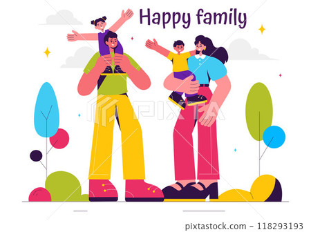 Happy Family Vector Illustration Featuring Mom, Dad, and Children Celebrating Love and Happiness in a Flat Style Cartoon Background 118293193