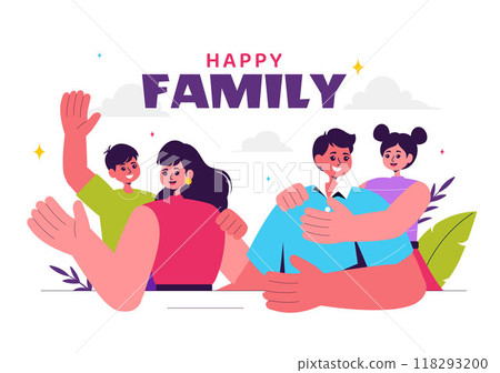 Happy Family Vector Illustration Featuring Mom, Dad, and Children Celebrating Love and Happiness in a Flat Style Cartoon Background 118293200