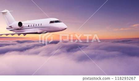 Passengers commercial airplane flying above clouds in sunset light. Concept of fast travel, holidays and business. 118293267