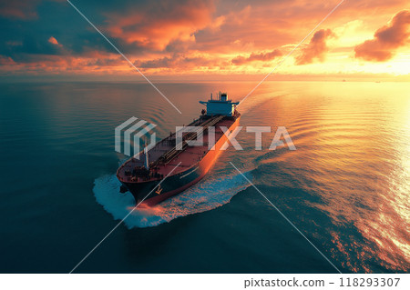 A tanker sailing through the ocean at sunset 118293307