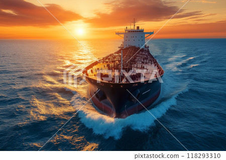 A tanker sailing through the ocean at sunset 118293310