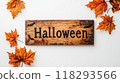 Wooden sign board with the word Halloween isolated on white background 118293566