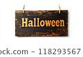 Wooden sign board with the word Halloween isolated on white background 118293567