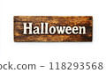 Wooden sign board with the word Halloween isolated on white background 118293568