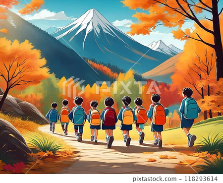 Elementary school students on an excursion through the autumn mountains and autumn leaves Elementary school students on an excursion through the autumn mountains and autumn leaves 118293614