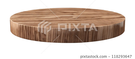 Natural wooden podium isolated on white background. Mock up for product display. Cut out pedestal or platform. Empty scene. Stage, showcase for advertising. Generative AI. 118293647