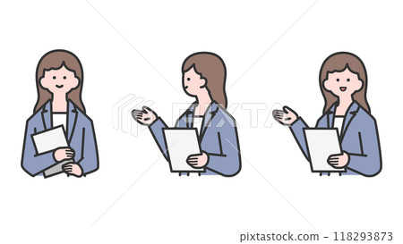 A woman holding documents and giving a presentation - variation A woman holding documents and giving a presentation - variation 118293873