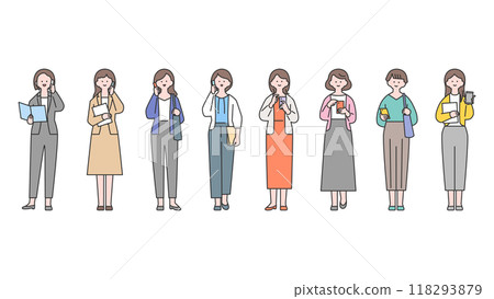 Female full body avatar illustration material set, business scene, smartphone Female full body avatar illustration material set, business scene, smartphone 118293879