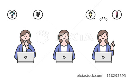 Variation of facial expressions of a woman facing a laptop 118293893