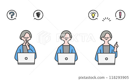 Variations in facial expressions of a senior woman facing a laptop 118293905