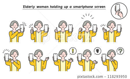 Variations of an elderly woman holding up a smartphone screen 118293950