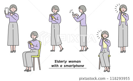 Elderly woman operating a smartphone - pose variations 118293955