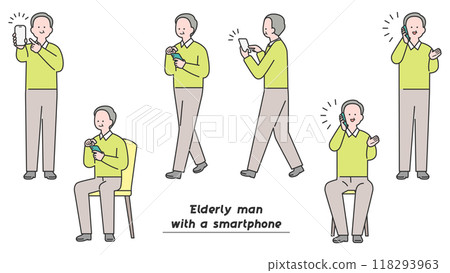 Pose variations of an elderly man operating a smartphone 118293963