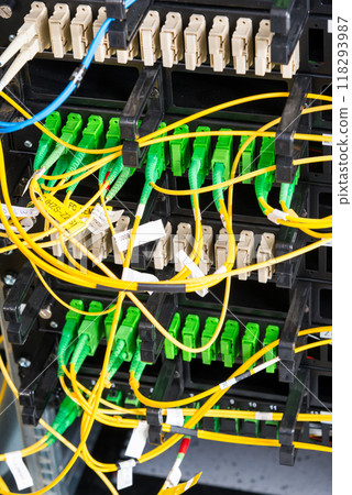 Fiber Optic cables connected to an optic ports 118293987