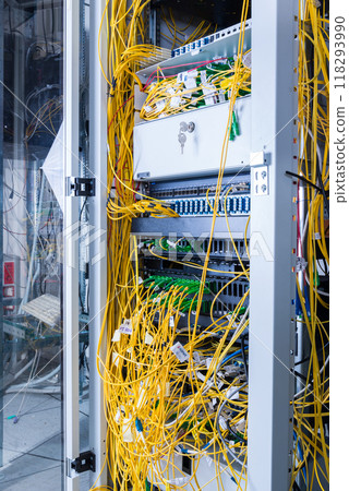 server with connected fiber optic cables server with connected fiber optic cables 118293990