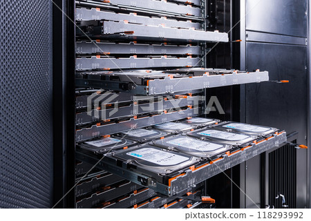 close up of hard disk drives inside hosting center close up of hard disk drives inside hosting center 118293992